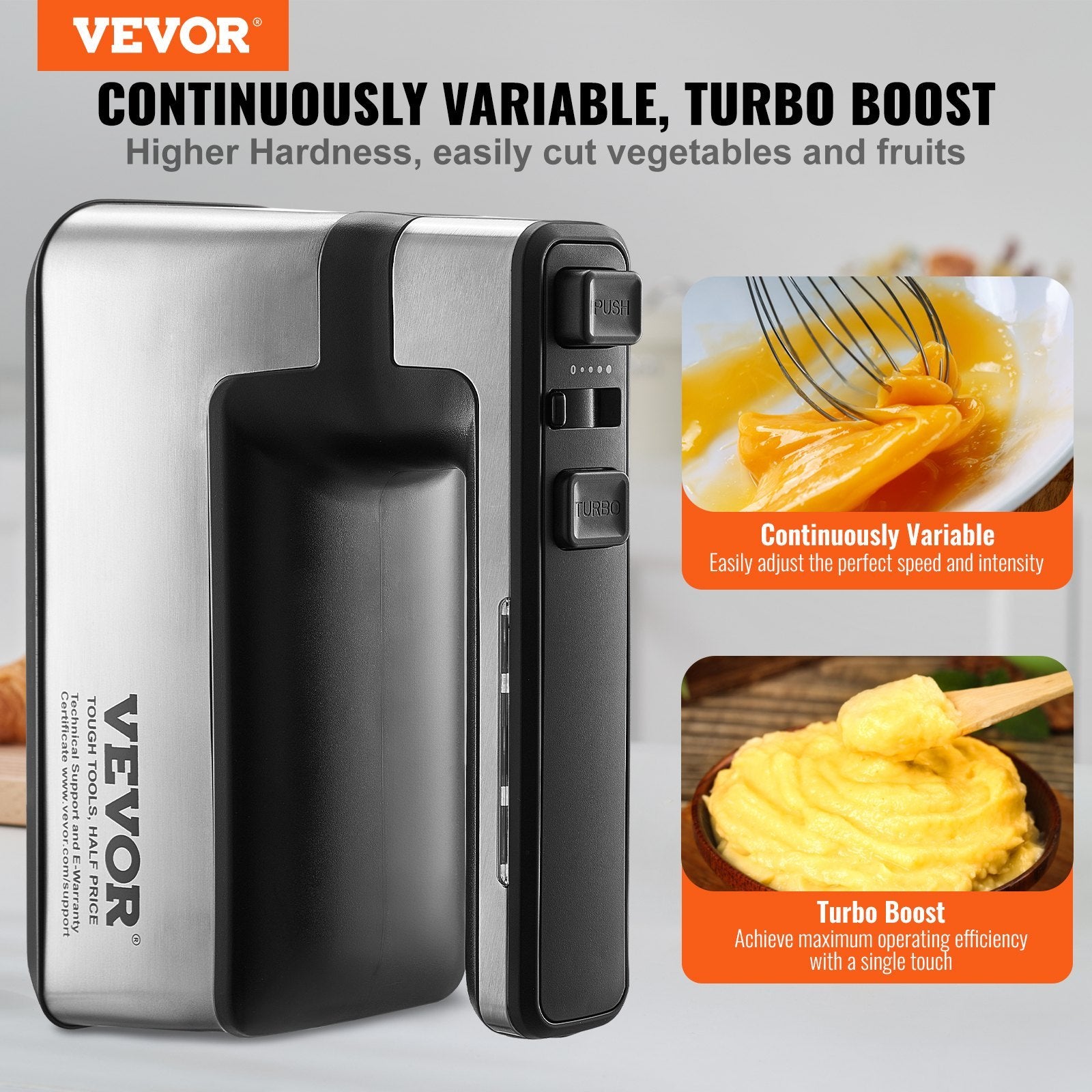 VEVOR Cordless Electric Hand Mixer, 250W, Continuously Variable Electric Handheld Mixer, With Turbo Boost Beaters Dough Hooks Storage Bag, Baking Supplies For Whipping Mixing Egg Cookie Cake Cream