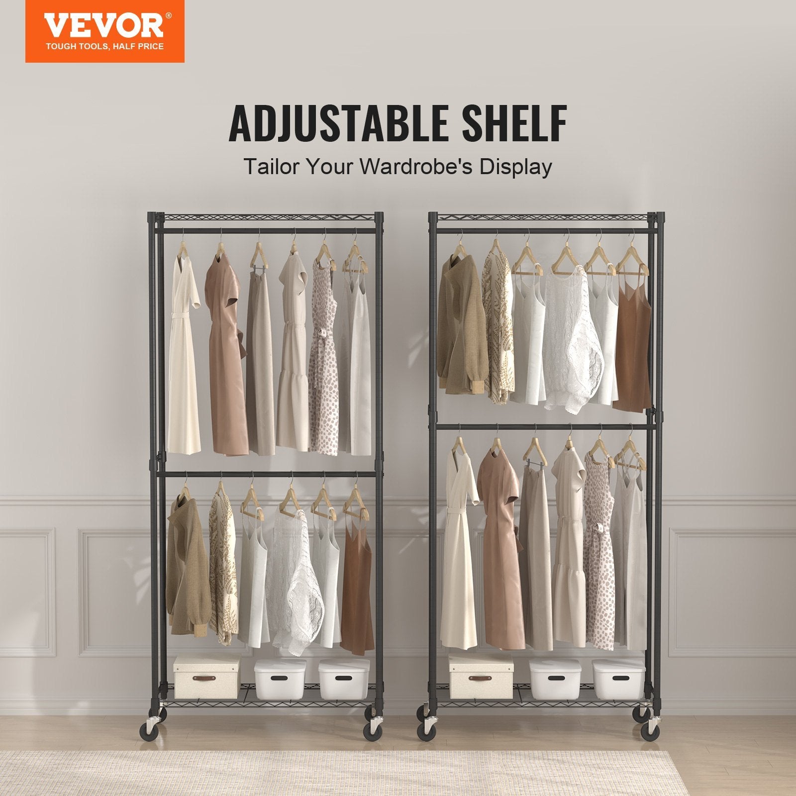 VEVOR Heavy Duty Clothes Rack, Double Hanging Rods Clothing Garment Rack With Bottom And Top Storage Tier, Rolling Clothing Rack For Hanging Clothes, 1'' Diameter Thicken Steel Tube Hold Up To 300Lbs
