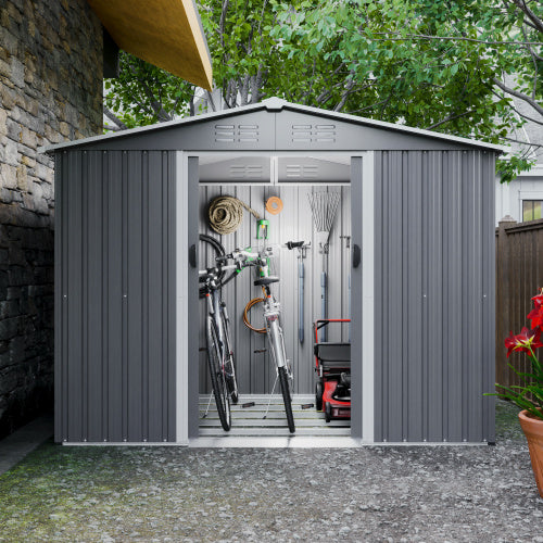 10X8 FT Outdoor Tool Storage Shed With Metal Foundation & Lockable Doors, All Weather Metal Sheds For Garden, Patio, Backyard, Lawn, Gray