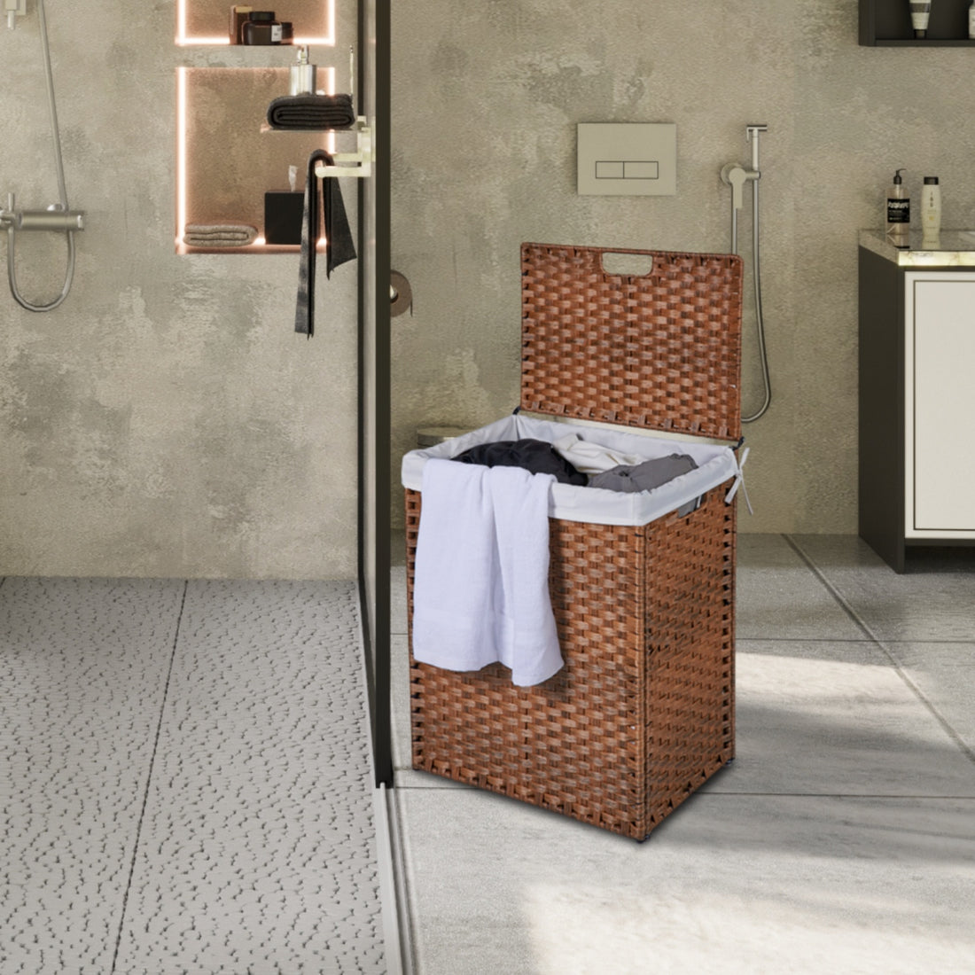 Laundry Hamper With Lid PE Rattan Powder Coating Frame Clothes Hampers With 02 Removable Bags,