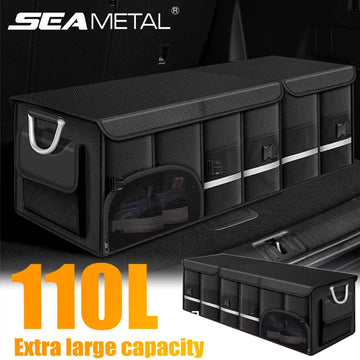 SEAMETAL 110L Large Trunk Organizer for Car Foldable Oxford Cloth Car Storage Bag Metal Handle Storage Box for Fishing Camping