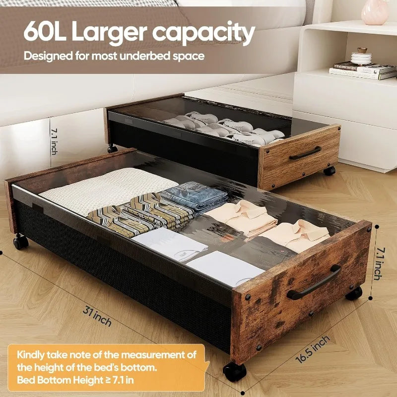 Wooden Under Bed Storage with Wheels, Rolling Under the Bed Storage Bins with Removable Lid, Metal Under Bed Drawers f