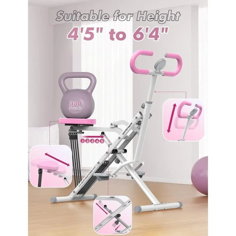 Pink Squat Machine for Home,Rodeo Core Exercise Machine,Adjustable 4 Resistance Bands,Ride & Rowing Machine