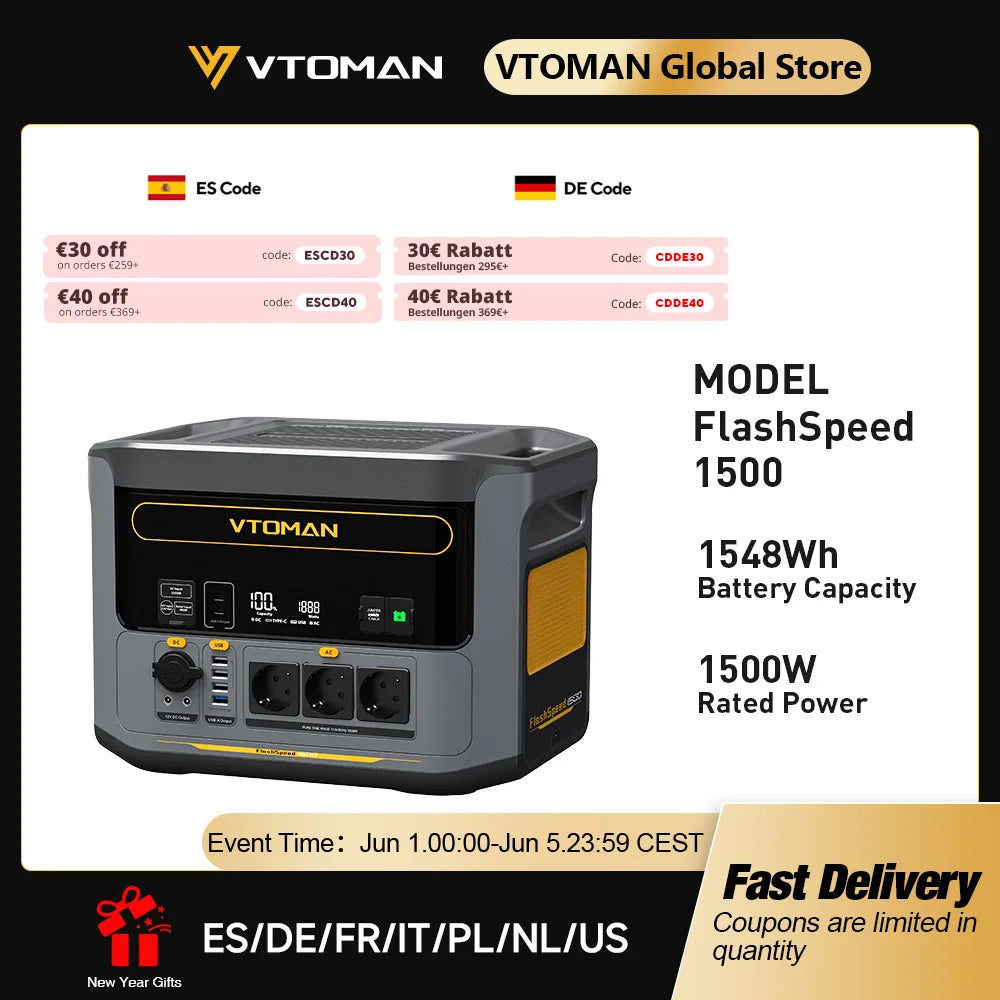 VTOMAN FlashSpeed 1500 Portable Power Station 1548Wh LiFePO4 Battery with 3000W Peak for Outdoor Camping RV Home Energy Power