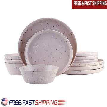 12 Piece Stoneware Dinnerware Set Dishwasher Safe Dinner Plates Salad Bowls Microwave Safe Speckled Design 4 People