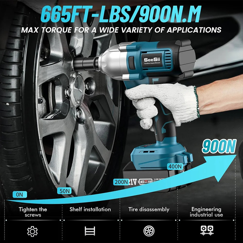 SEESII Cordless Electric Impact Wrench 1/2'' 900N.m Brushless 3300RPM High Torque Gun w/ 2x 4.0Ah Battery for Makita 18V Battery