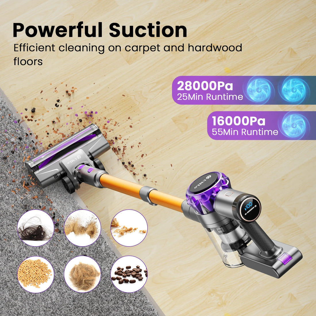 YISORA Cordless Vacuum Cleaner, 30Kpa 55Mins Running Time Wireless Vacuum Cleaner with Touchscreen for Pet Hair, Carpet