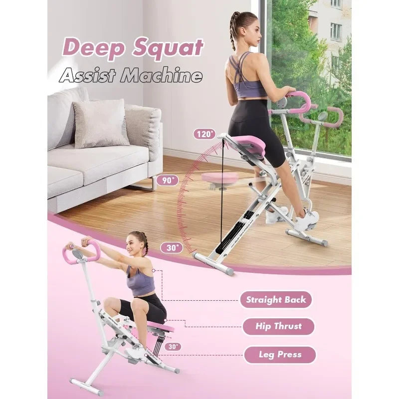 Pink Squat Machine for Home,Rodeo Core Exercise Machine,Adjustable 4 Resistance Bands,Ride & Rowing Machine