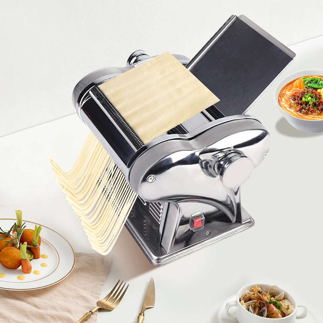 135W Powerful Motor Automatic Noodle Machine, Fresh Pasta Dough Roller,410 Stainless Steel Electric Pasta Maker