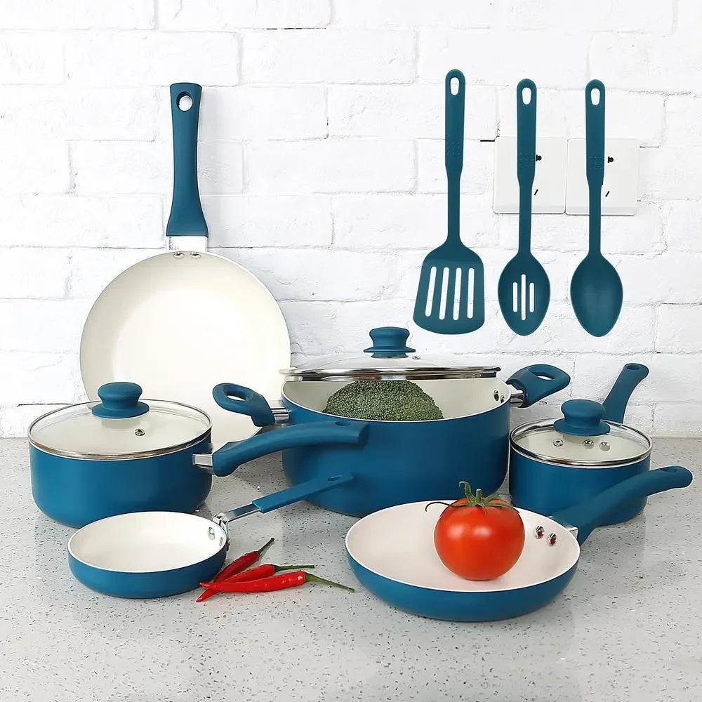 12-Piece Nonstick Ceramic Aluminum Cookware Set Corsair Blue Fast Heating Easy Cleanup Riveted Handles Ideal Everyday Cooking