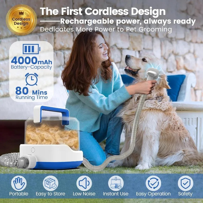 4000mAh Cordless Dog Grooming Kit, Dog Hair Vacuum with 4 Tools, 3L Dust Cup, 3 L