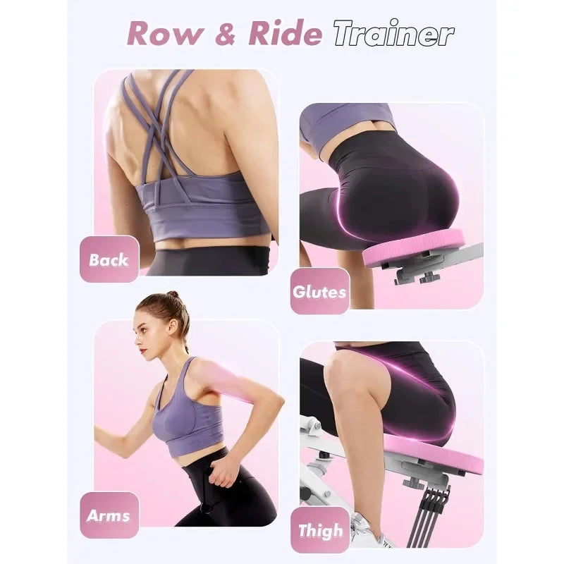 Pink Squat Machine for Home,Rodeo Core Exercise Machine,Adjustable 4 Resistance Bands,Ride & Rowing Machine