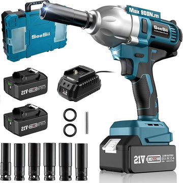 SEESII Cordless Electric Impact Wrench 1/2'' 900N.m Brushless 3300RPM High Torque Gun w/ 2x 4.0Ah Battery for Makita 18V Battery