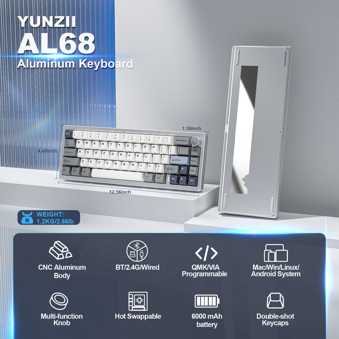 YUNZII AL68 Silver Wireless Custom Mechanical Keyboard, QMK/VIA Aluminum Keyboard, Hot Swap Gasket Gaming Keyboard with Knob