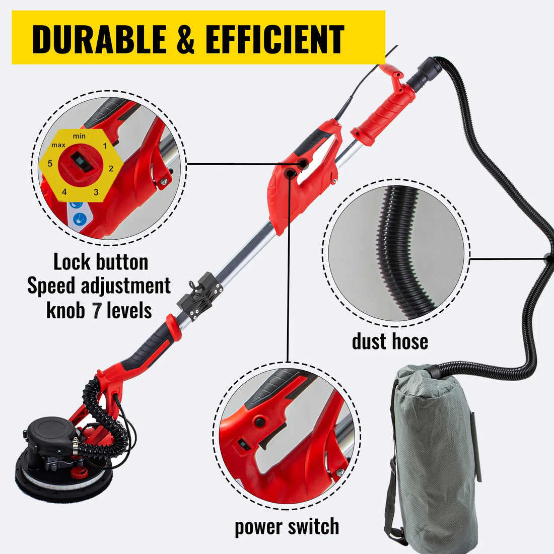 VEVOR 850W Drywall Sander Variable Speed 800-1750 RPM Electric Drywall Sander Foldable Sheetrock Sander with Telescope Handle