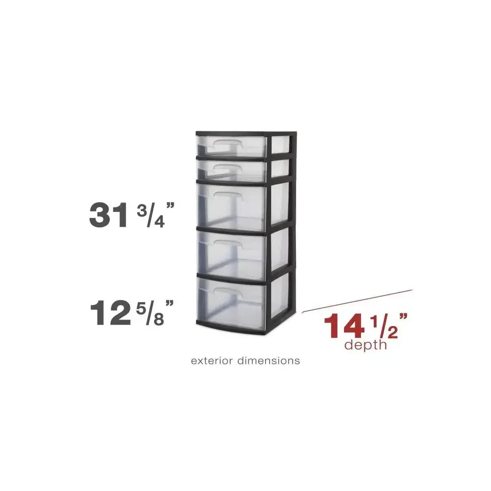 5-Drawer Plastic Storage Tower Black Clear Drawers Organizer Adult Toys Art Supplies Crafting Office Home Storage Closet