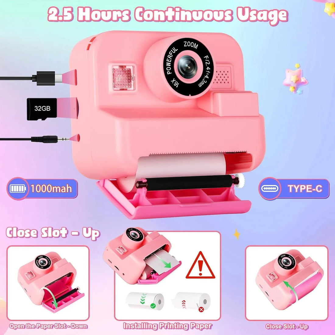 newInstant Print Camera With 32G Card Thermal Photo Printing Digital Children Camera Video Photography Educational Toy Kids Gift