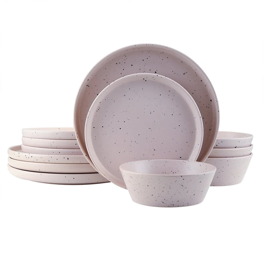 12 Piece Stoneware Dinnerware Set Dishwasher Safe Dinner Plates Salad Bowls Microwave Safe Speckled Design 4 People