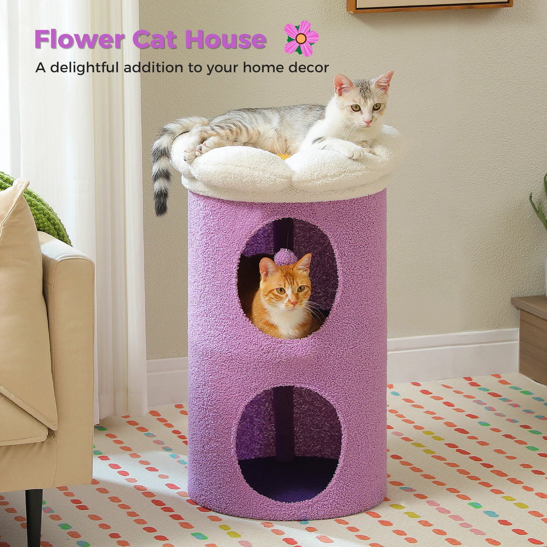2-Story Cat Beds for Indoor Cats Large Cat House with Removable Flower Cat Bed, Cute Cat Cave Cat Hideaway Indoor Cat  Condo