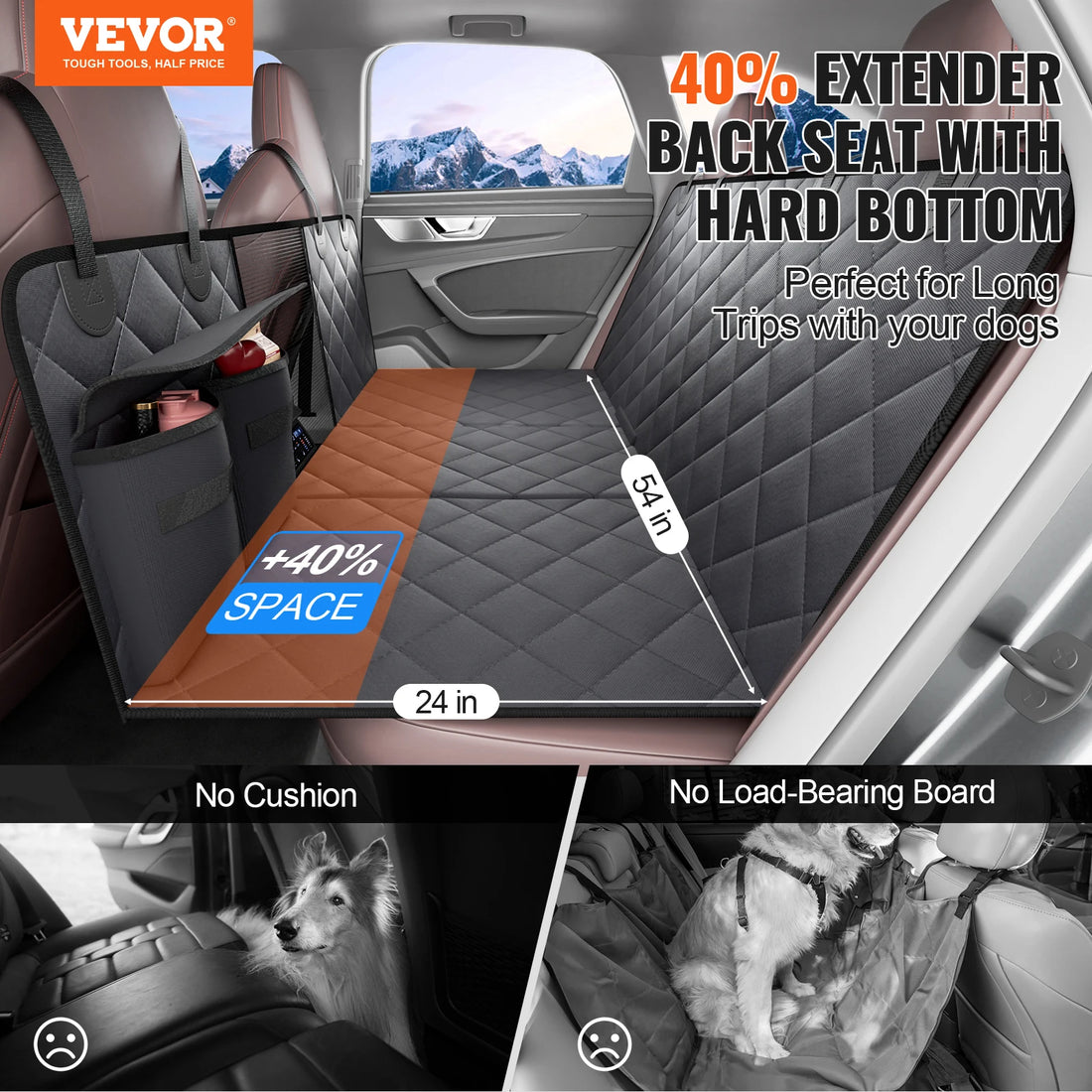VEVOR Back Seat Extender for Dogs Dog Hammock for Car Back seat Waterproof Hard Bottom Dog Car Seat Cover for Back Seat 54"x24"