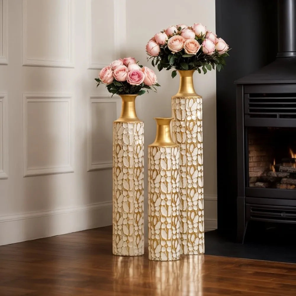 Large Gold Floor Vases Set of Inch Tall Decorative Vase for Home Decor,  Vintage Metal Vases for Dried Flowers