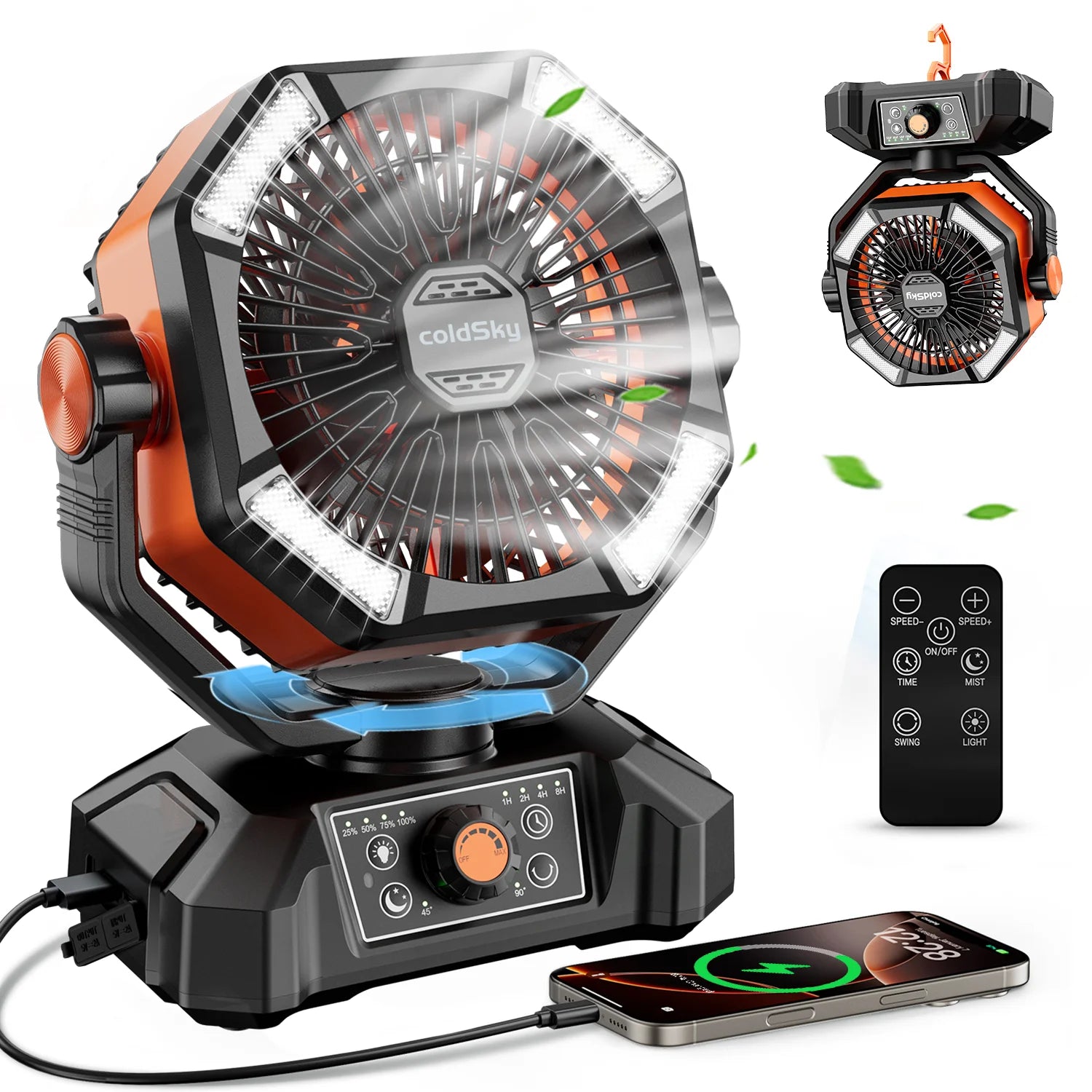Camping Fan with 4 LED Lantern 8 Speeds Regular Time Desk Fan 20000mAh Battery Portable Outdoor Fan for Outdoor Camping Fishing