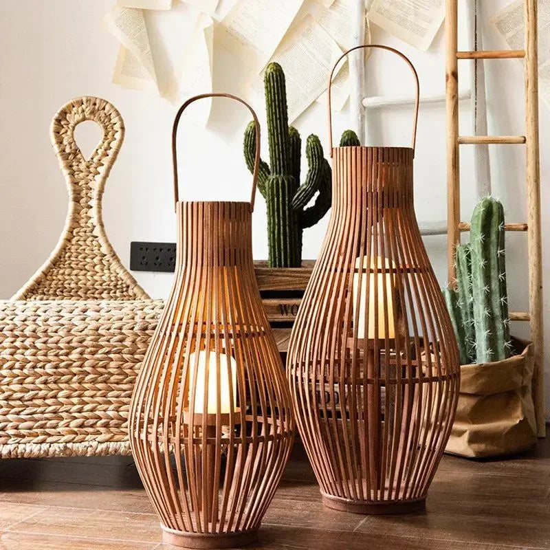 Vintage Wood Floor Candlestick Natural Bamboo Lantern Room Garden Hall Candle Holders Nordic Home Decoration Accessories Cage