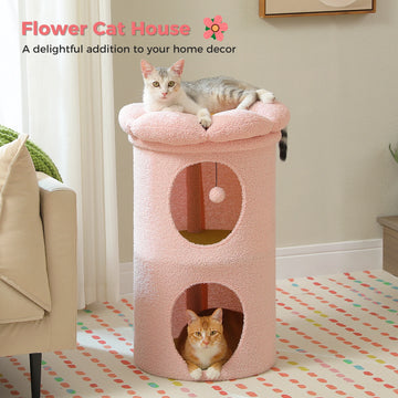 2-Story Cat Beds for Indoor Cats Large Cat House with Removable Flower Cat Bed, Cute Cat Cave Cat Hideaway Indoor Cat  Condo