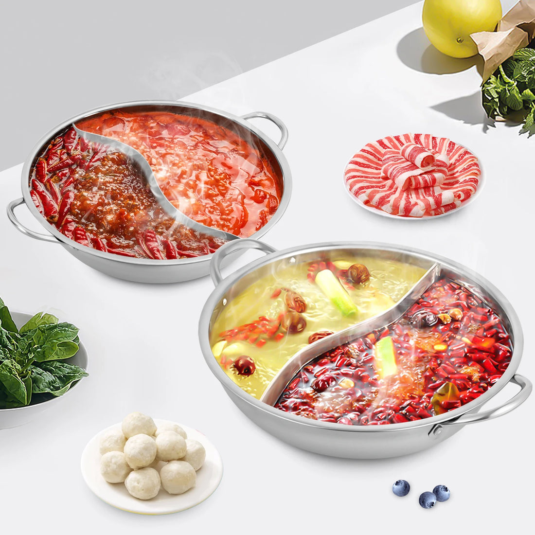 28/30/34cm Hot Pot Stainless Steel Twin Divided Hotpot Cooker Home Cooking Cookware Compatible Cooker Gas Stove