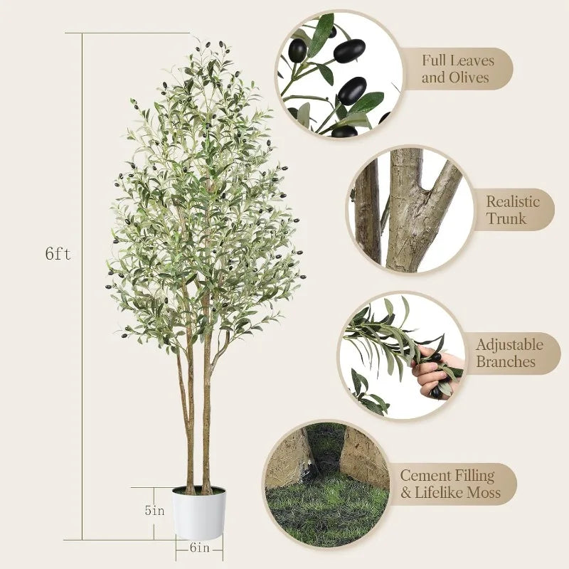 Faux Olive Tree, Artificial Olive Trees Indoor with Natural Wood Trunk & Lifelike Fruits, Fake Olive Tree with White Planter