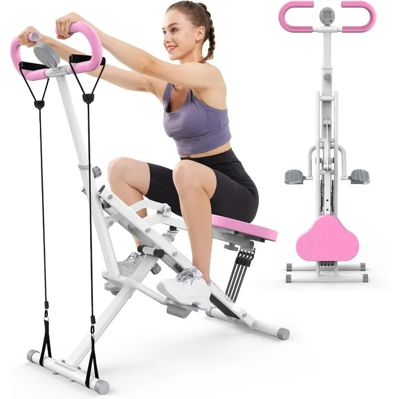 Pink Squat Machine for Home,Rodeo Core Exercise Machine,Adjustable 4 Resistance Bands,Ride & Rowing Machine