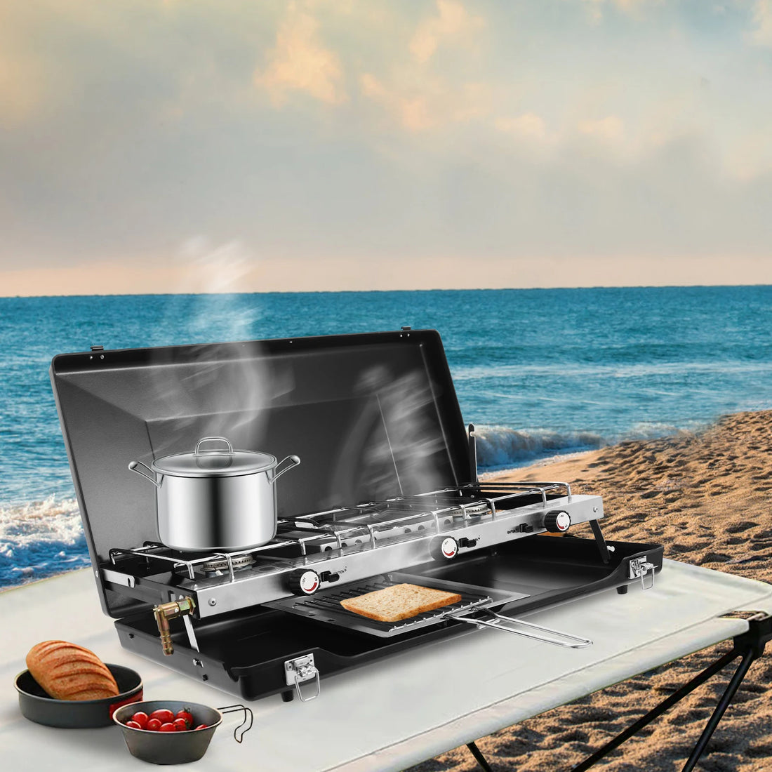 Outdoor Campfire Grill] 3-Burner Durable Cold-Rolled Steel Grill - Windproof Lid for Camping & Outdoor Cooking