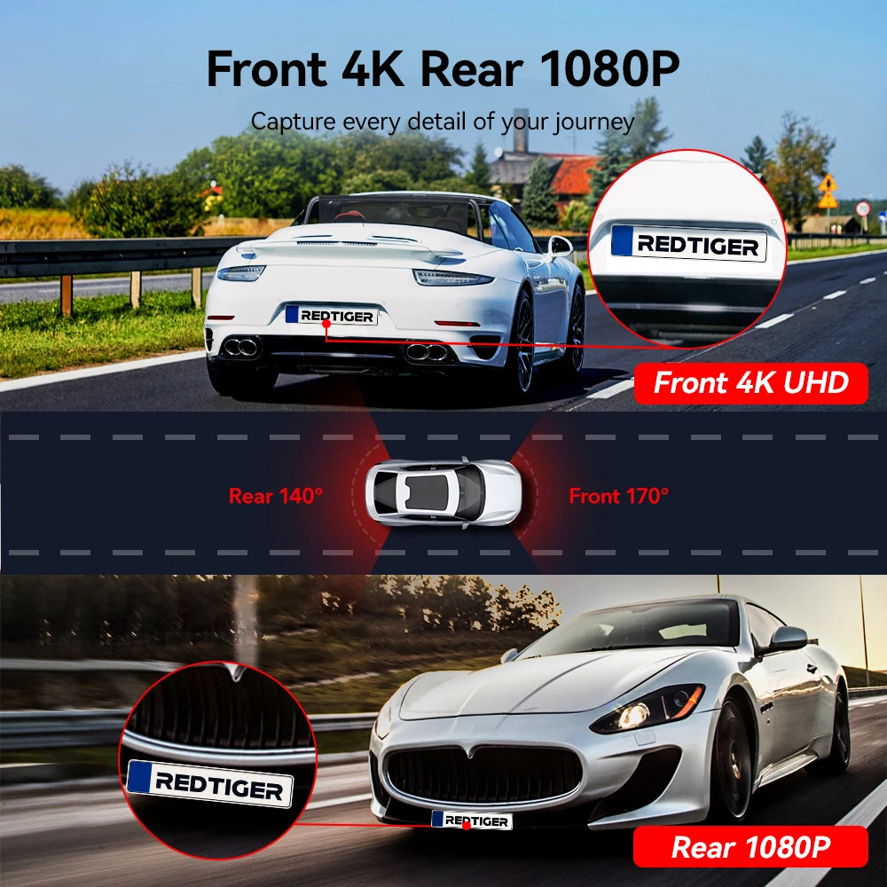 REDTIGER 4K Dash Camera Front and Rear WiFi Car Dvr Dual Car Camera  Easy To Install Car Camera Recorder Touched GPS
