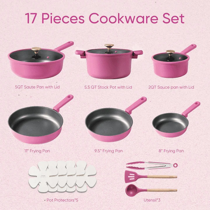 Kitchen Cookware Sets, Nonstick Pots and Pans Set, Induction Cookware, 17 Pcs, Rose Pink