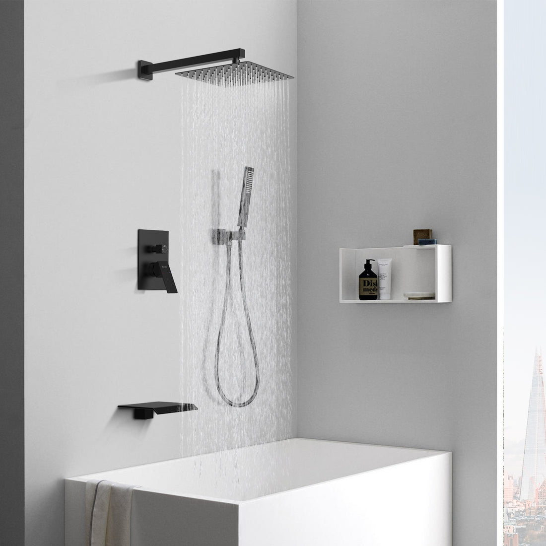 Male NPT Shower Faucet Set, Waterfall Shower System For Bathroom, High Pressure 10Rain Shower Head And Handheld Shower Spray Wall Mount Tub Faucet Shower Valve With Trim And Diverter, Matte Black