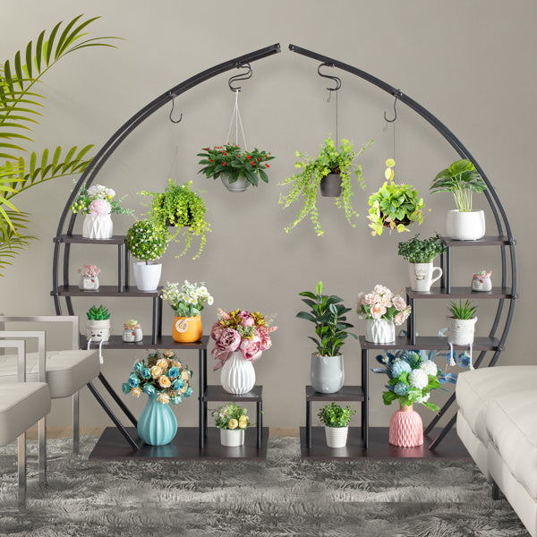 2pcs, 5-layer Semi-circular Iron Wood Black Iron Flower Rack