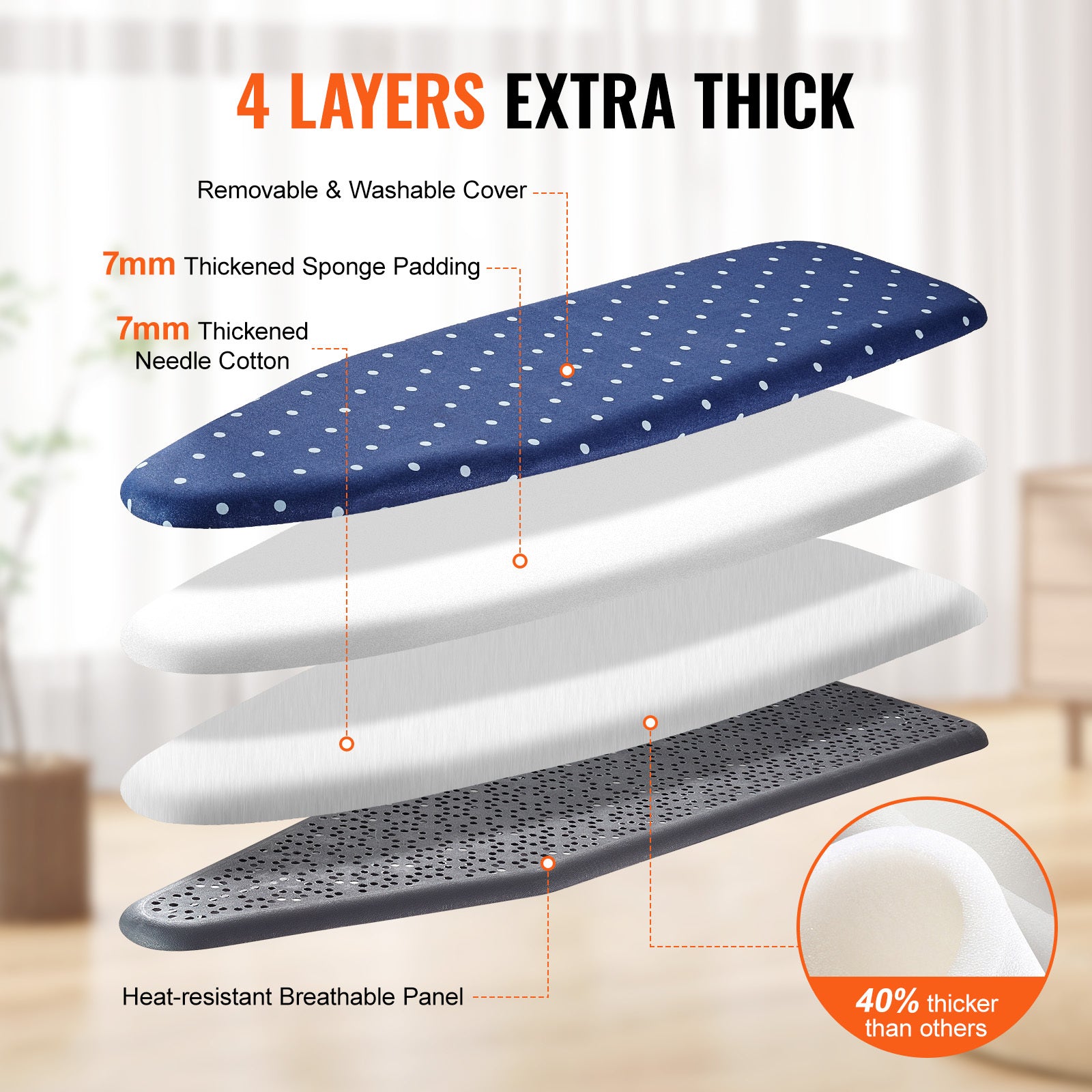 VEVOR Ironing Board With Bottom Storage Tray, Thickened 4 Layers Iron Board With Heat Resistant Cover And Cotton Cover, 10 Adjustable Heights Ironing Board For Home Laundry Room Use