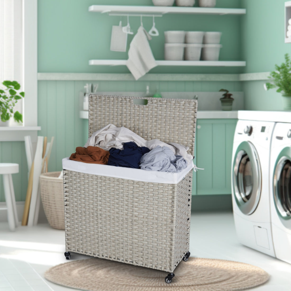 Laundry Hamper With Lid PE Rattan Powder Coating Frame Clothes Hampers With 02 Removable Bags, Wheel