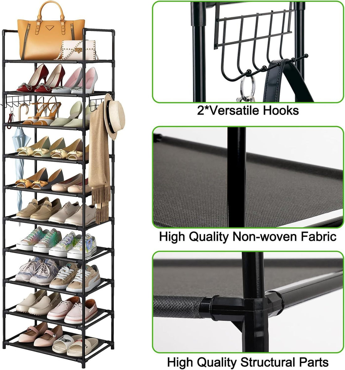 10 Tier Shoe Rack Tall Metal Shoe Storage Organizer For Bathroom Bedroom Living Room