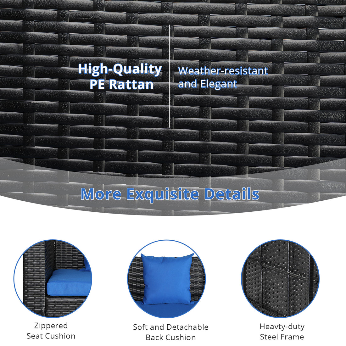 4ft Black Rattan Blue Cushion 4.5mm Iron Chain Woven Rattan Swing, Excluding Swing Frame